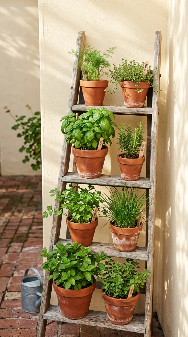 Tiered ladder shelf garden for a small potager garden