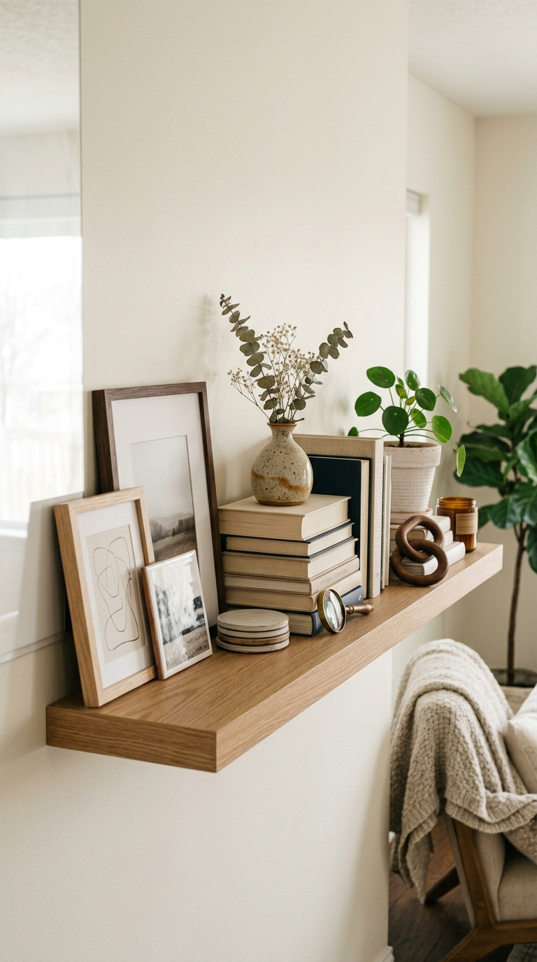stylish living room shelf with small framed art