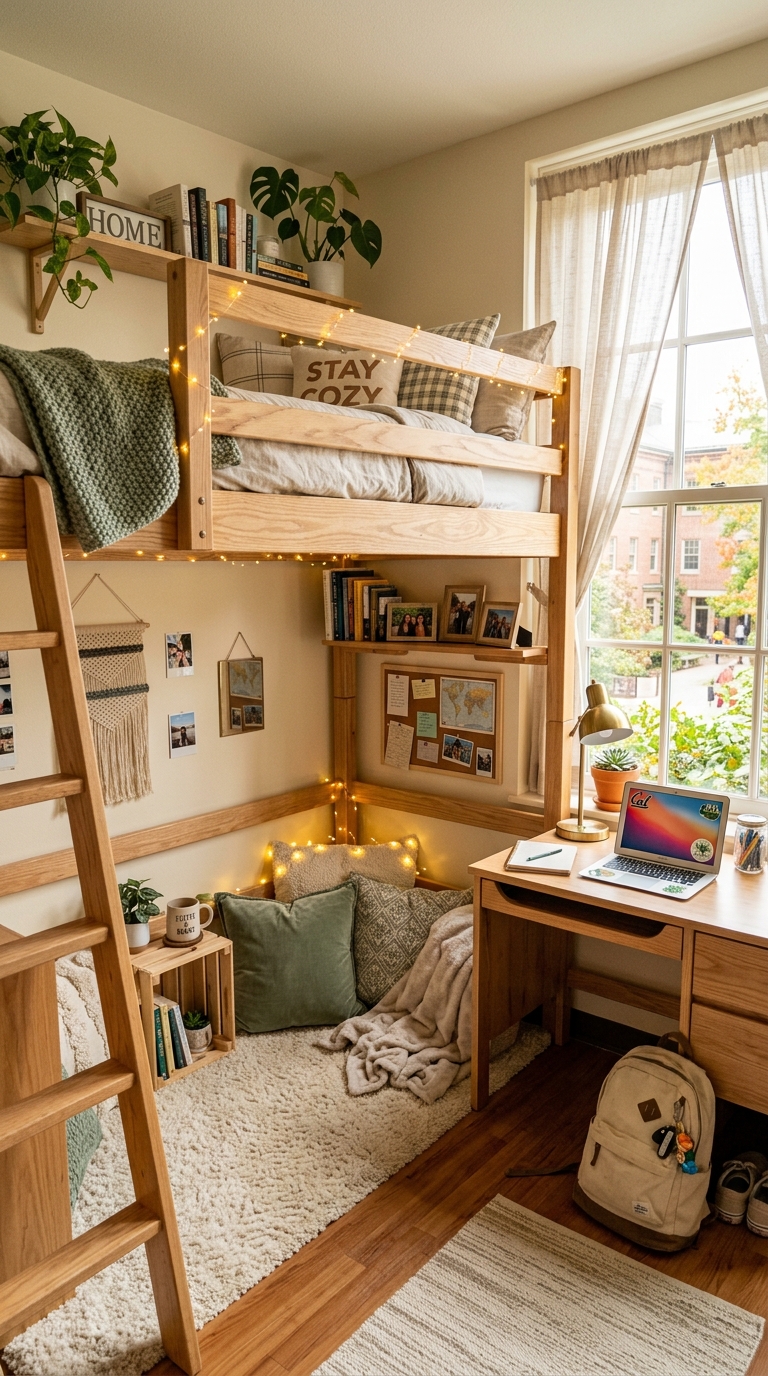 Lofted dorm bed with cozy study and lounge area underneath