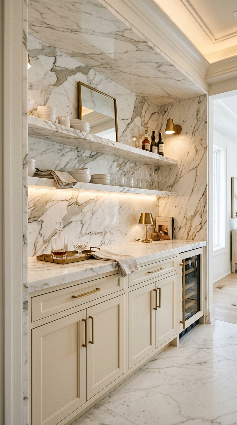 Luxury all-marble butler's pantry with marble countertop backsplash and cream cabinets