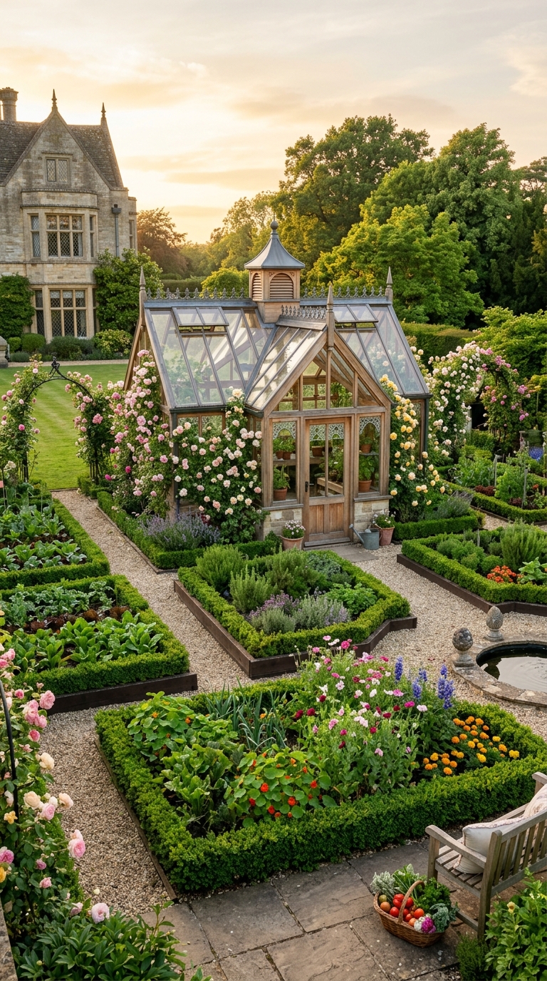 Luxury potager garden with cedar greenhouse focal point surrounded by formal raised beds and climbing roses