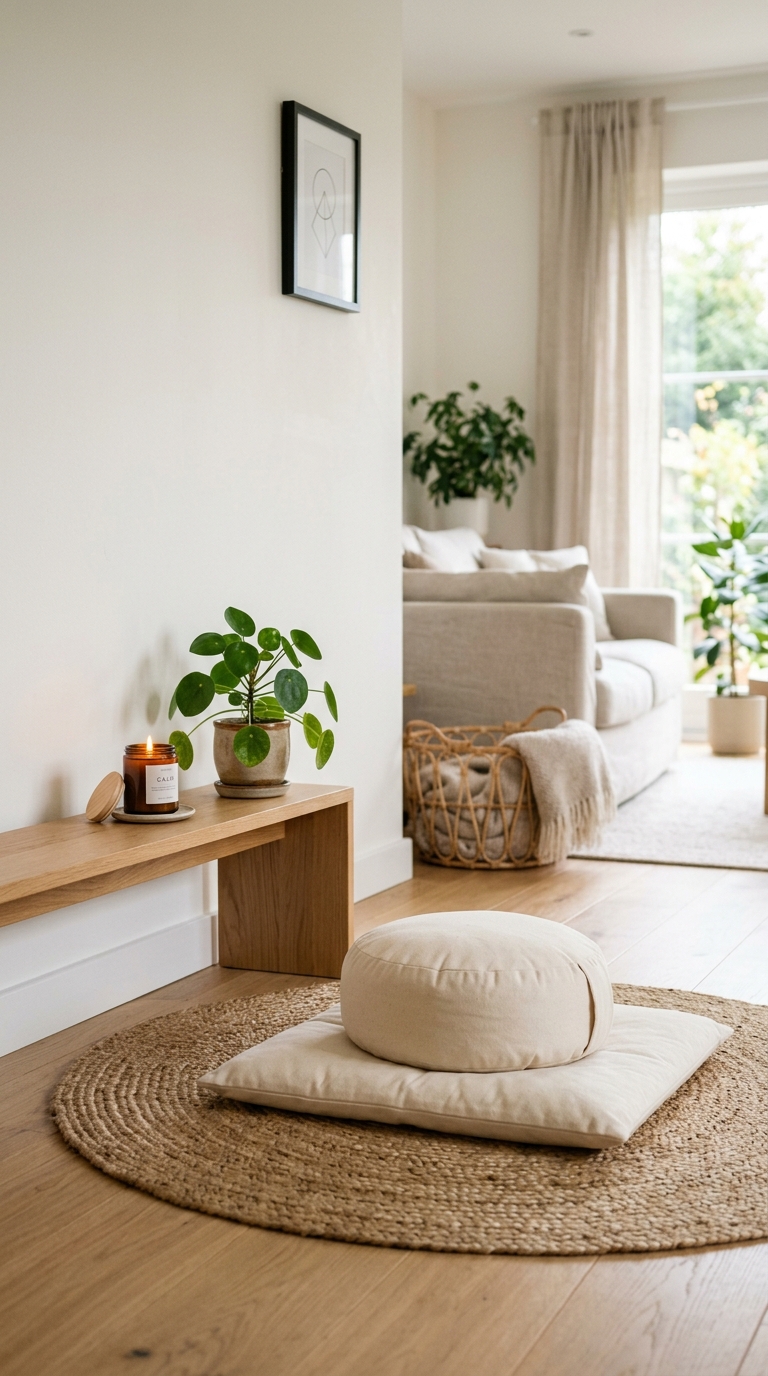 Minimalist floor cushion meditation corner with low shelf candle and plant in a bright, serene living room