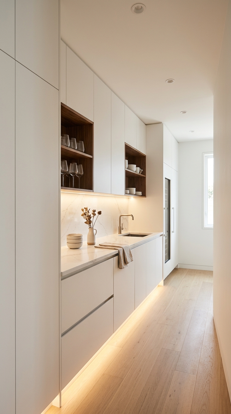 Modern minimalist butler's pantry with handleless white cabinets, integrated lighting, and seamless quartz countertop