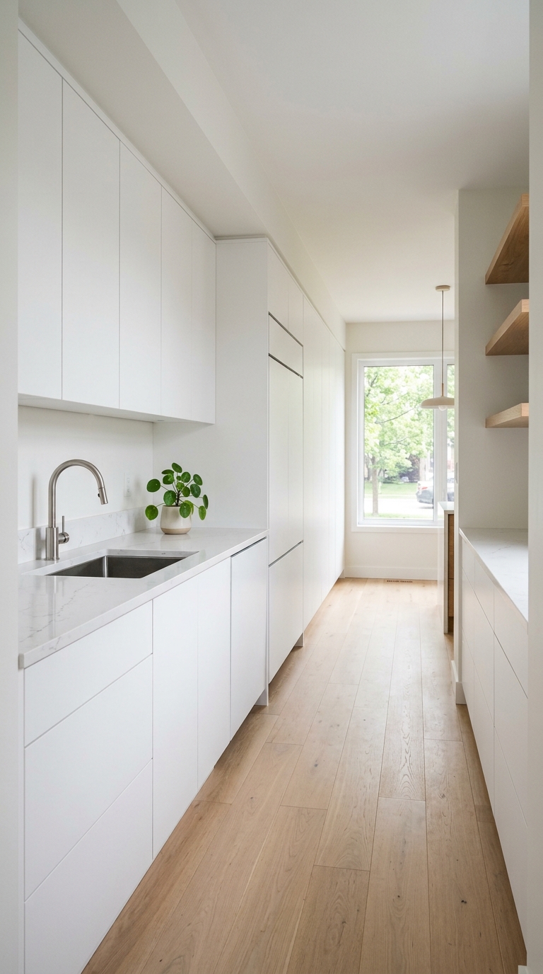 Minimalist galley kitchen with panel-ready integrated appliances matching the cabinetry for a seamless and sophisticated look