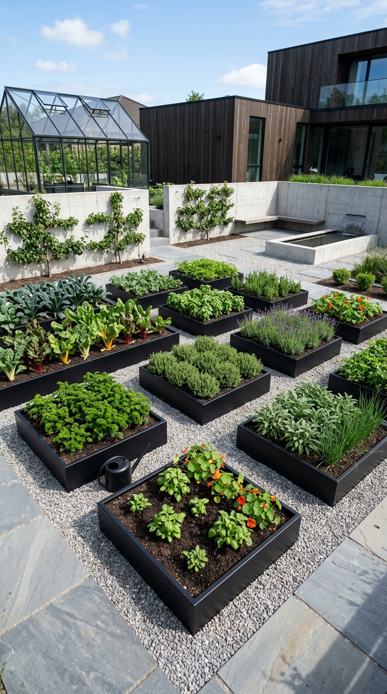 Modern minimalist potager garden layout with steel beds