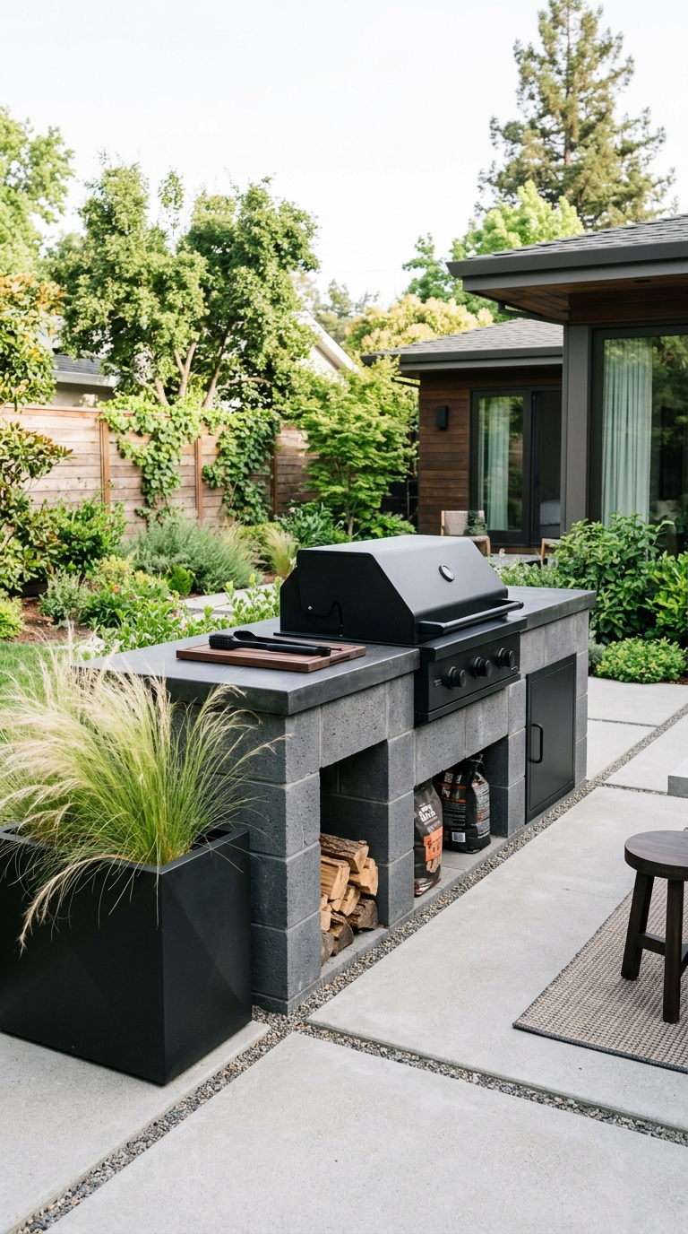 Modern minimalist outdoor grill station with matte black grill and dark concrete countertop on a contemporary patio