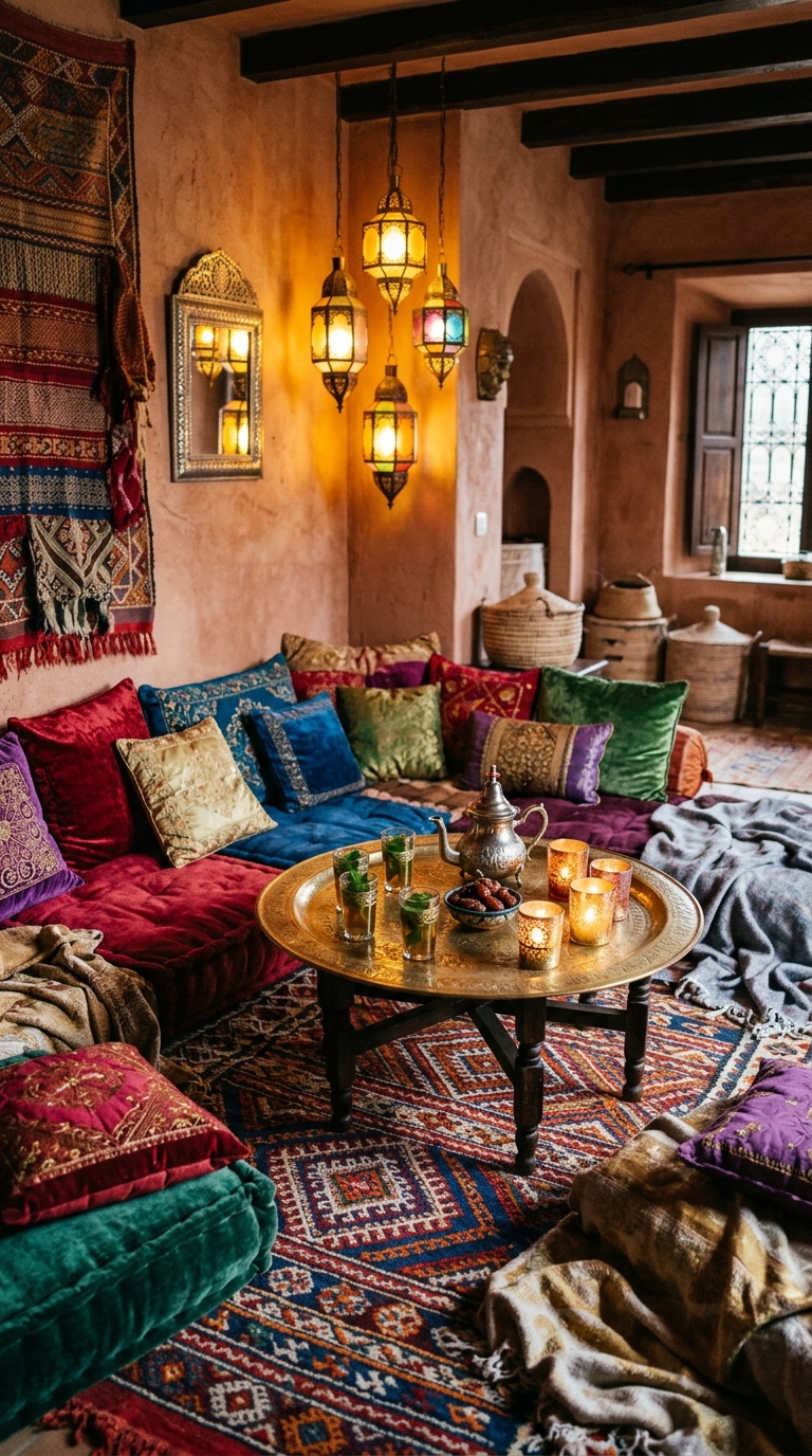 Moroccan style floor seating corner in living room with jewel-toned cushions, brass tray, and lanterns