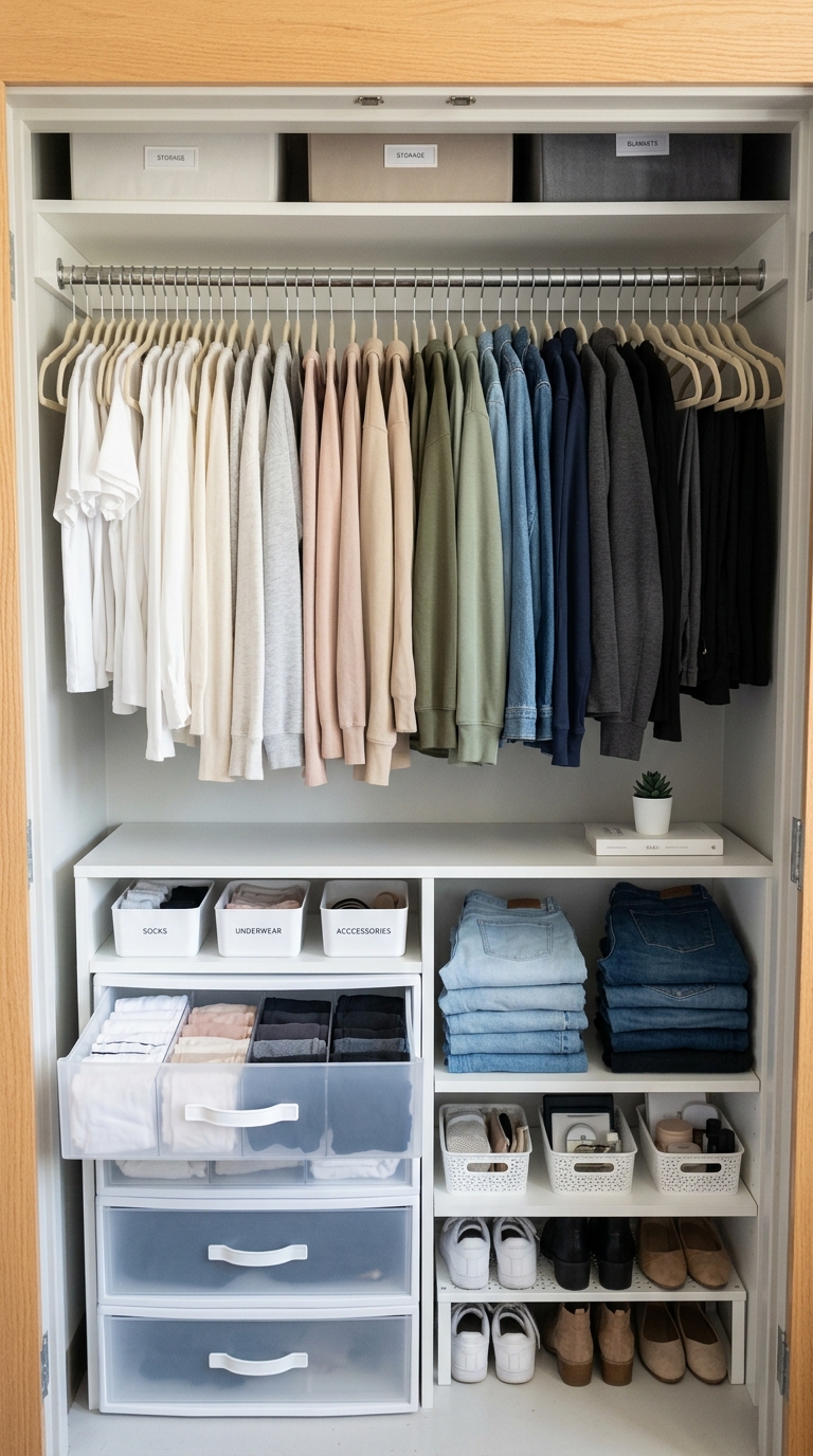 Organized dorm closet with matching hangers and drawer dividers