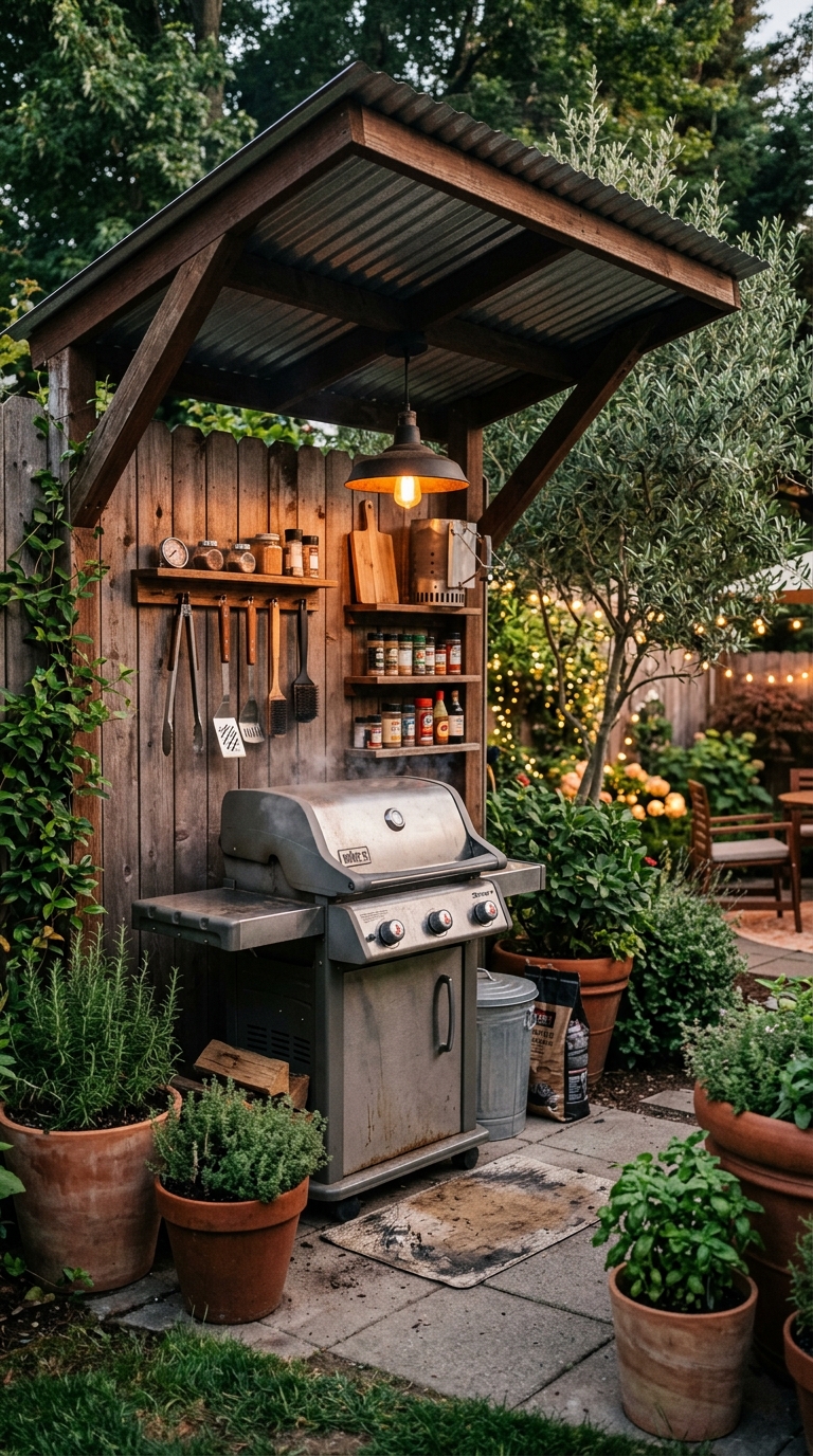 Shaded outdoor grill station alcove built into a fence line with lean-to roof and wall-mounted shelving