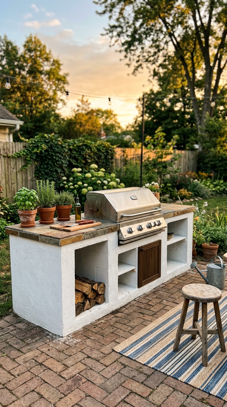 Budget DIY cinder block outdoor grill station with white stucco finish and tile countertop on a backyard patio