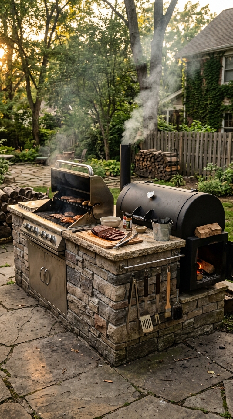 Outdoor grill station with integrated dedicated smoker section and shared stone countertop in a backyard BBQ setup