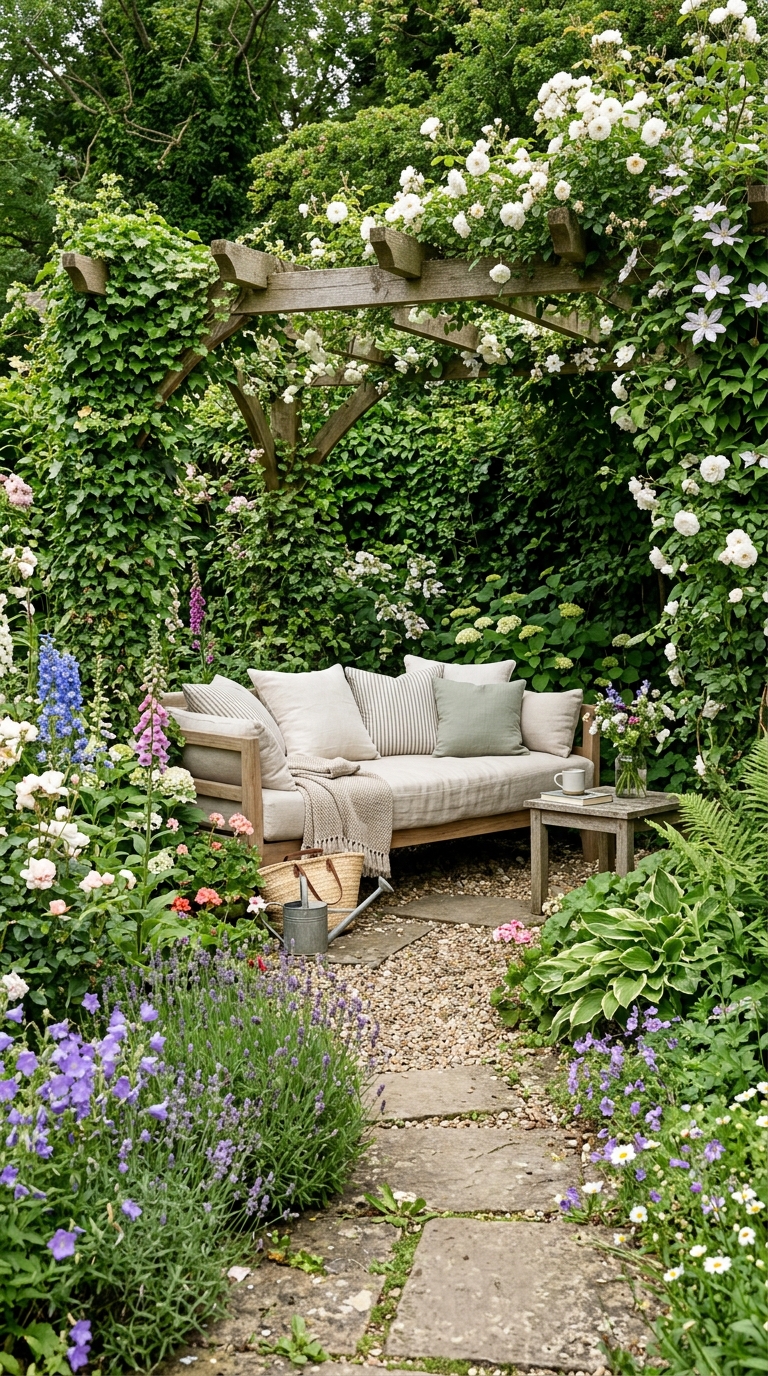 Cottage garden pergola with trellis panels covered in pastel climbing roses for privacy