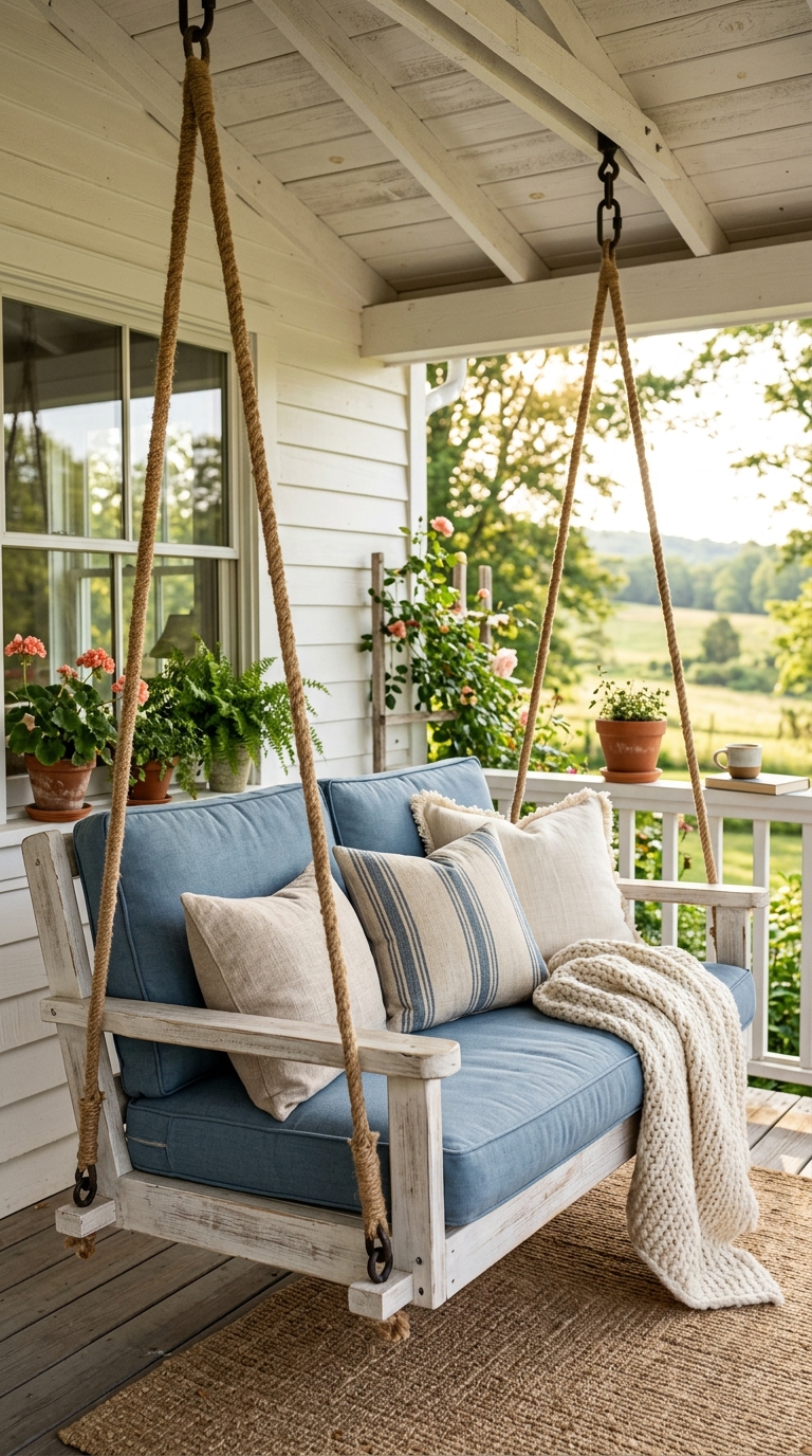 Farmhouse porch swing with dusty blue cushions hanging from jute-wrapped chains