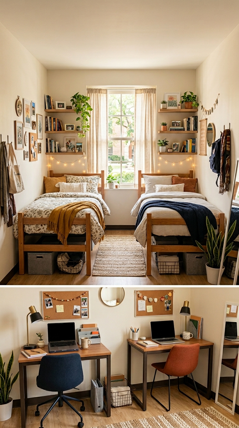 Dorm room layout ideas for two students sharing a small dorm room