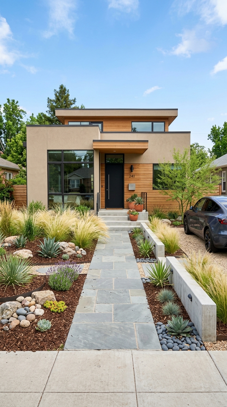grass using mulch and stoneo-grass-front-yard-landscaping-ideas