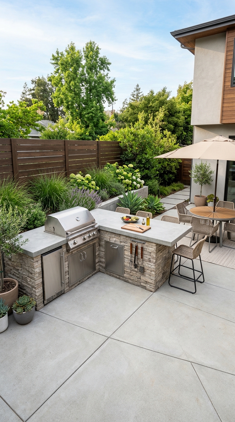 Space-saving corner outdoor grill station with stone veneer and concrete countertop built into a patio corner