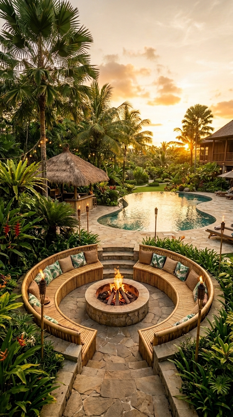 Tropical-style sunken fire pit idea with pool and pergola