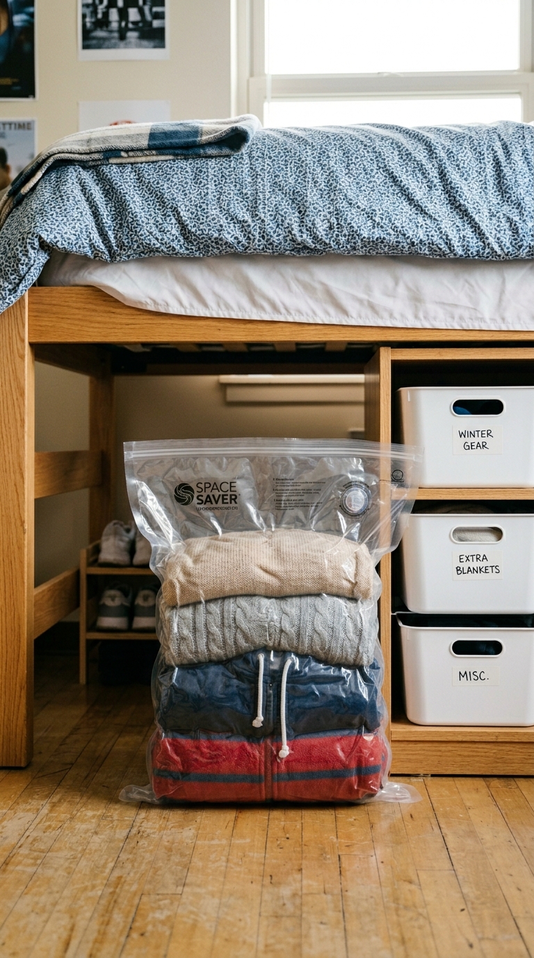 Vacuum compression storage bag filled with sweaters stored under a college dorm bed for space-saving seasonal clothing storage