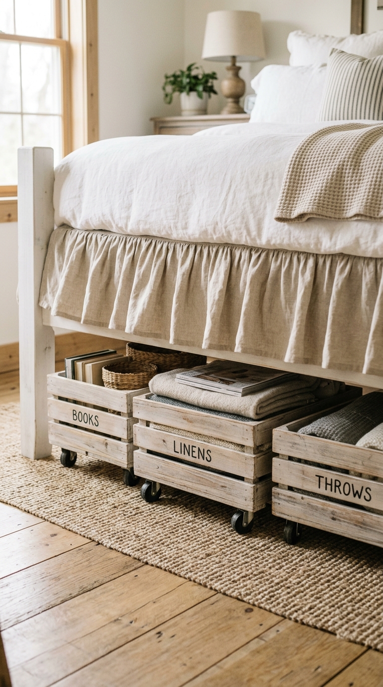 Whitewashed wooden crates on casters used as under-bed storage in a shabby chic bedroom with a gathered linen bed skirt