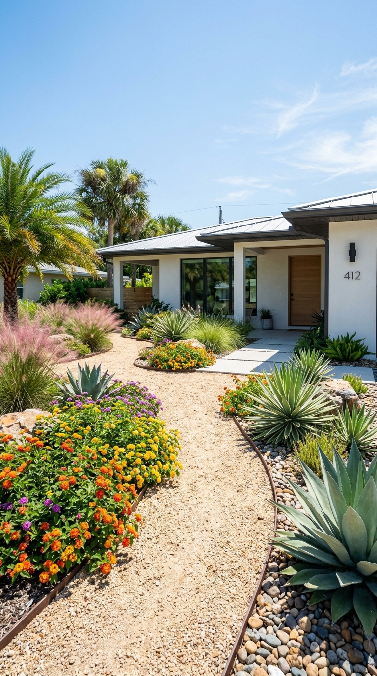 Drought-tolerant xeriscape Florida front yard landscaping with lantana, agave, and ornamental grasses