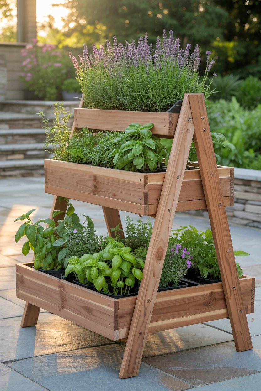 DIY A-frame ladder herb garden with cedar planter boxes filled with lavender and basil on a sunny patio