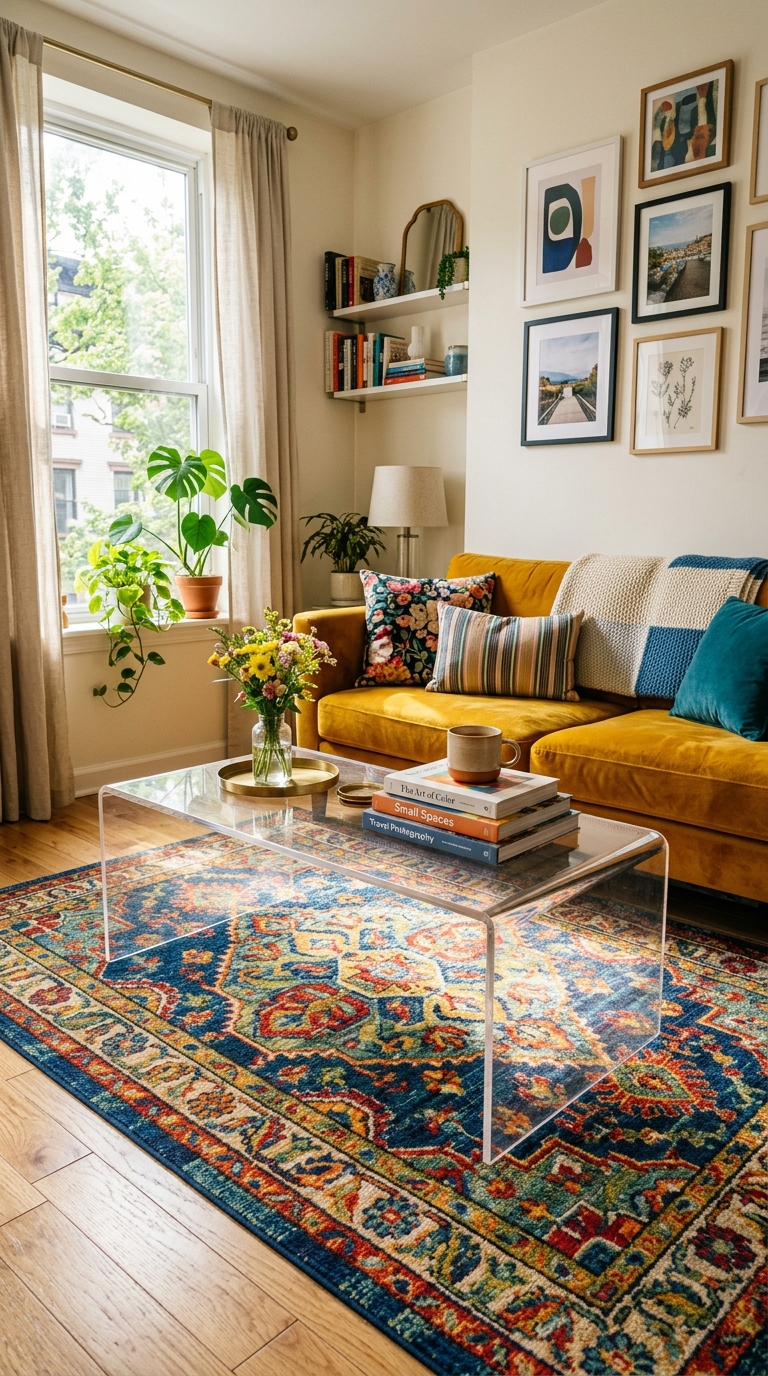 Transparent acrylic coffee table in compact apartment living room with colorful decor