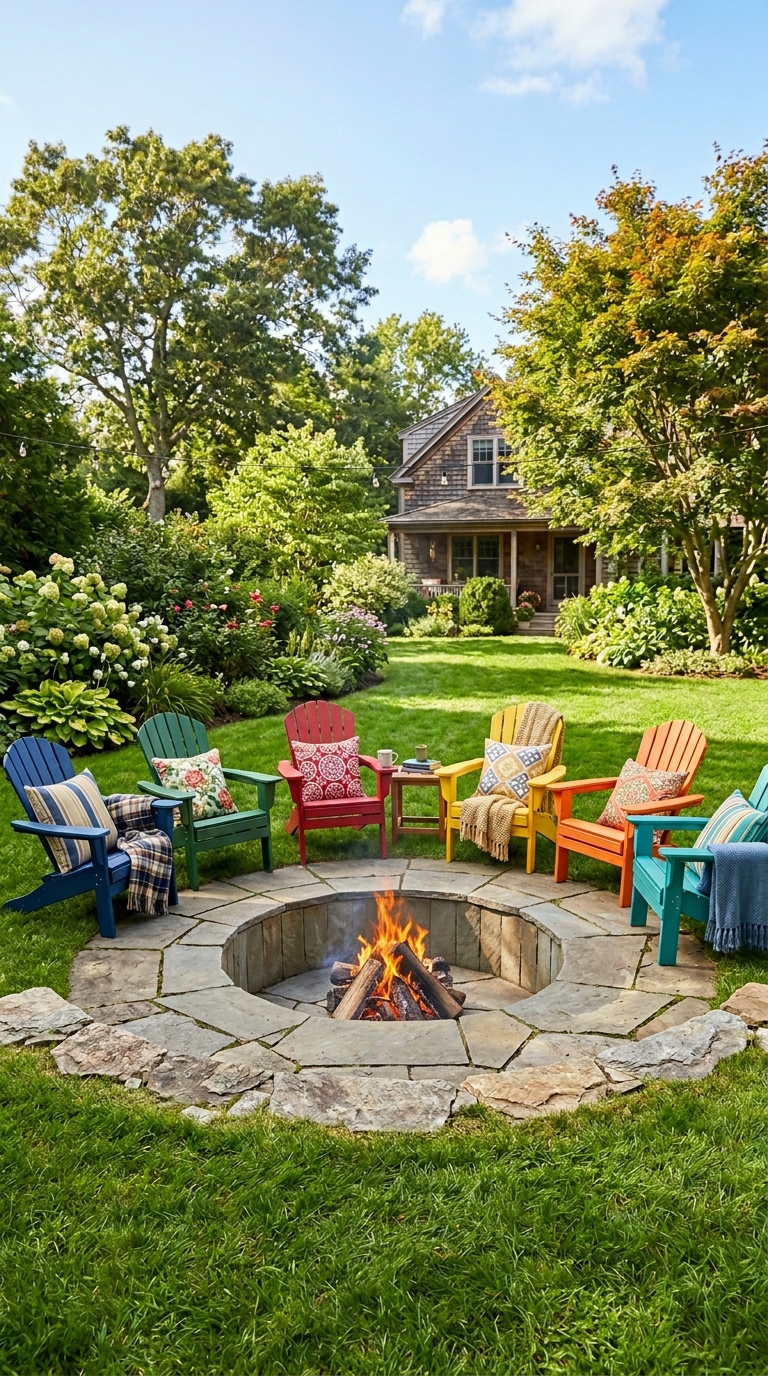 Sunken fire pit idea with Adirondack chair seating layout