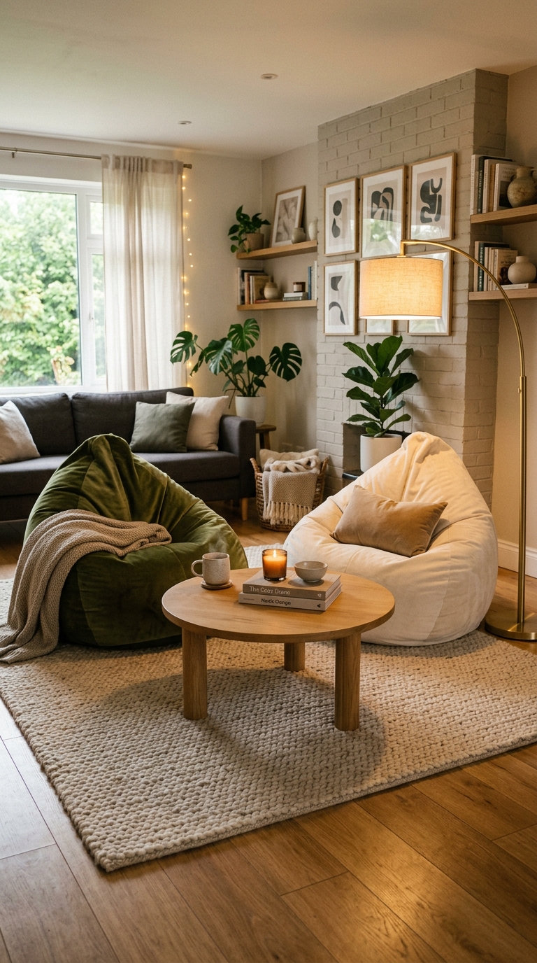 Modern adult living room with large velvet bean bags on rug around a low round table and floor lamp
