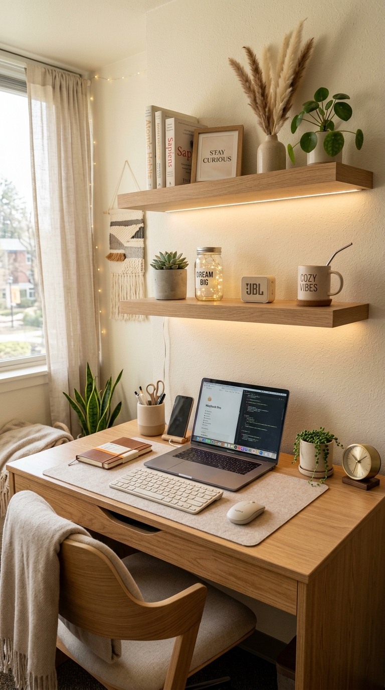 Beautiful dorm desk setup with shelves and warm lighting