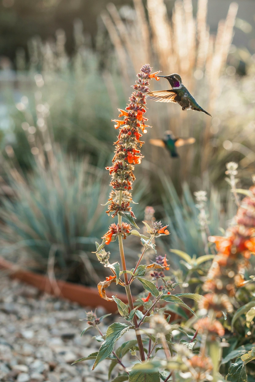 Bright orange agastache flower spikes attracting a hummingbird in a drought-tolerant summer pollinator garden