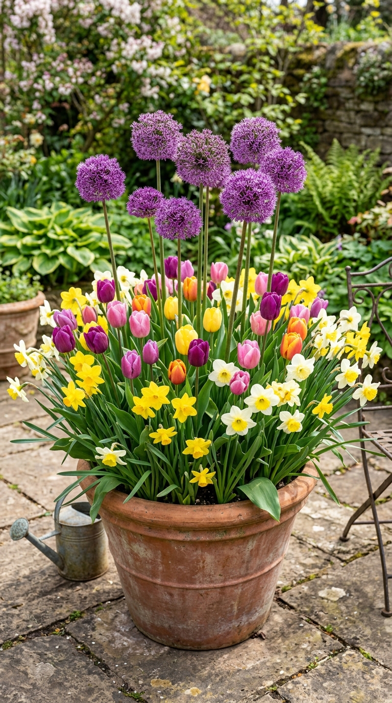 Allium bulb lasagne planting in large terracotta pot with narcissus and tulips blooming together in spring