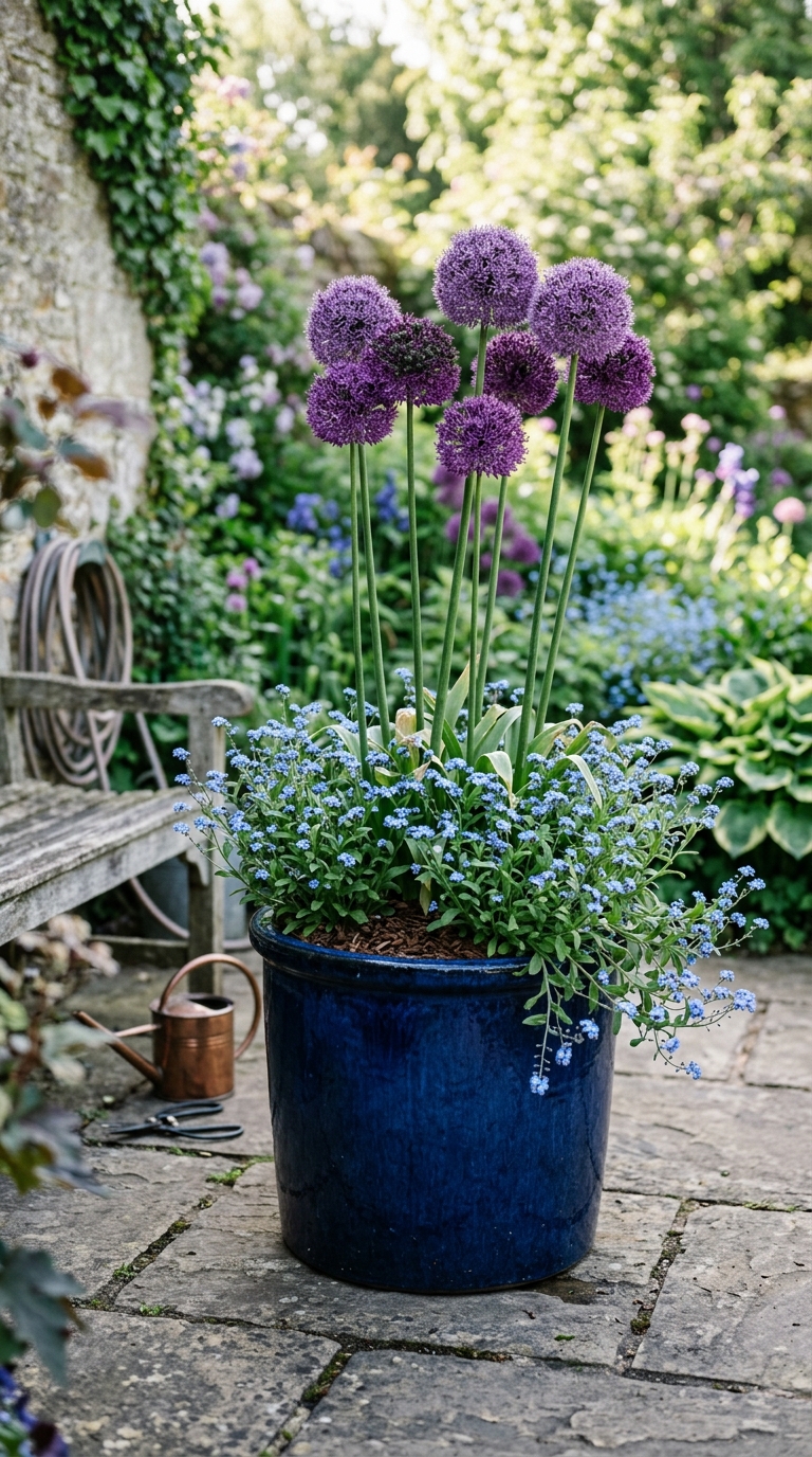 Large navy pot with purple allium globes and forget-me-nots on a stone patio in a container garden