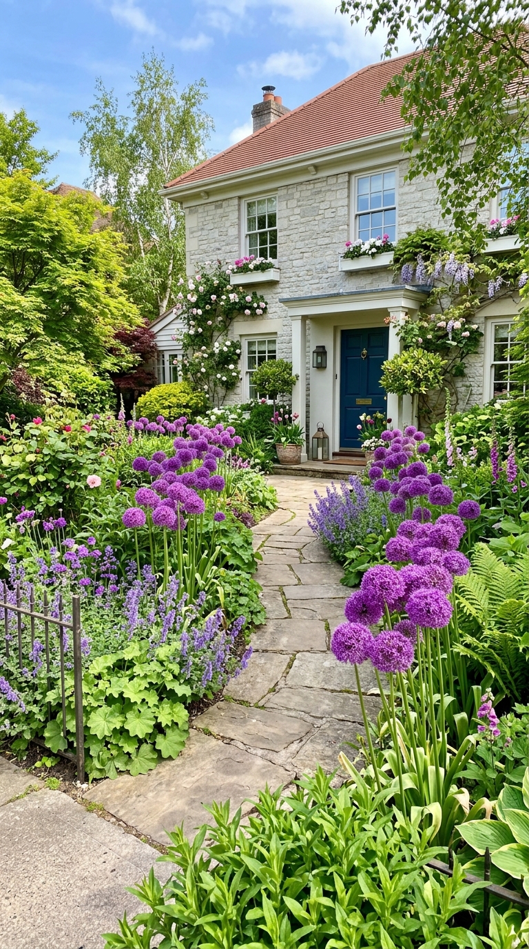Front yard allium planting with purple globe flowers lining a stone garden path for spring curb appeal