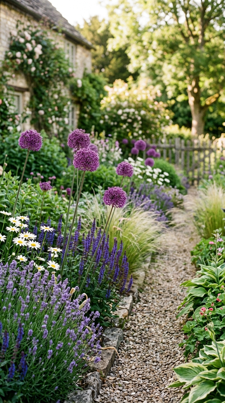 Beautiful spring garden border filled with purple allium flowers and colorful companion plants.