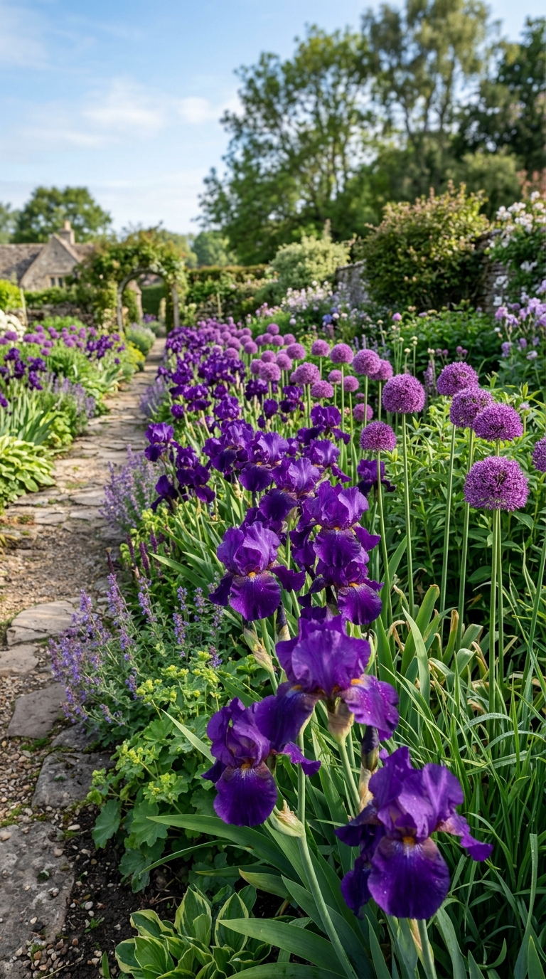 Allium and iris combination border with deep purple bearded iris and allium globes blooming together in spring