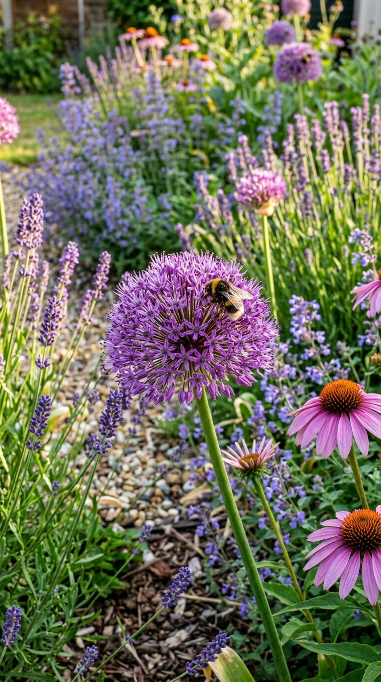 Pollinator paradise allium garden border with bee on purple globe flower, lavender and catmint in background