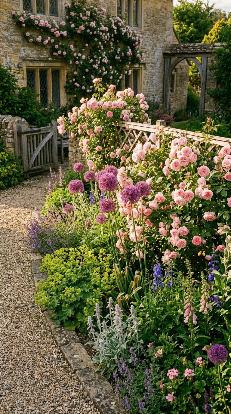 Allium and rose companion planting garden bed with purple allium globes rising through pink rose bushes
