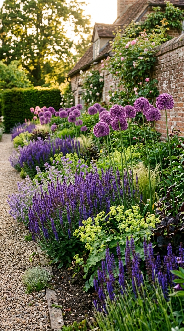 Allium and salvia combination border with purple globe flowers above deep blue salvia in a lush garden bed