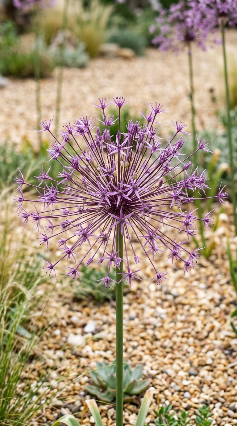 Allium schubertii starburst flower heads in gravel garden showing dramatic spidery purple bloomsAllium schubertii starburst flower heads in gravel garden showing dramatic spidery purple blooms