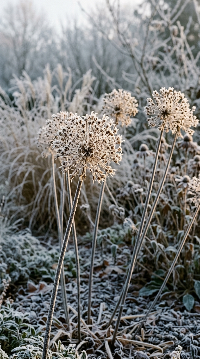 Frost-covered allium seedheads in winter garden providing sculptural interest after blooming