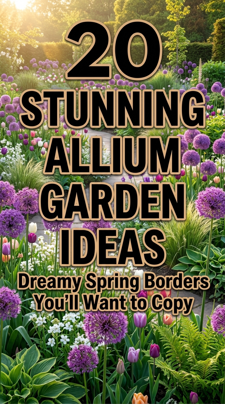 Purple allium flowers growing in a beautiful spring garden border with companion plants.