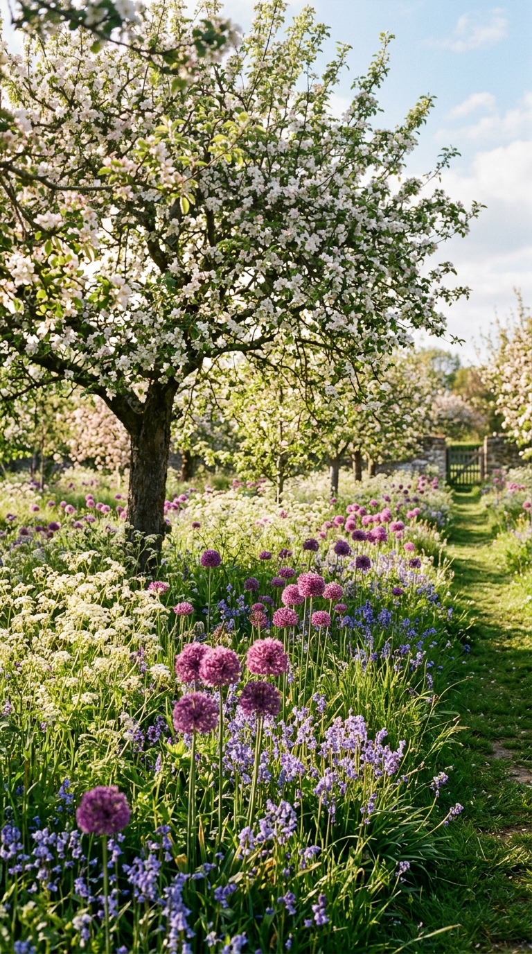 Alliums naturalized under fruit trees in a magical spring orchard underplanting with bluebells and cow parsley