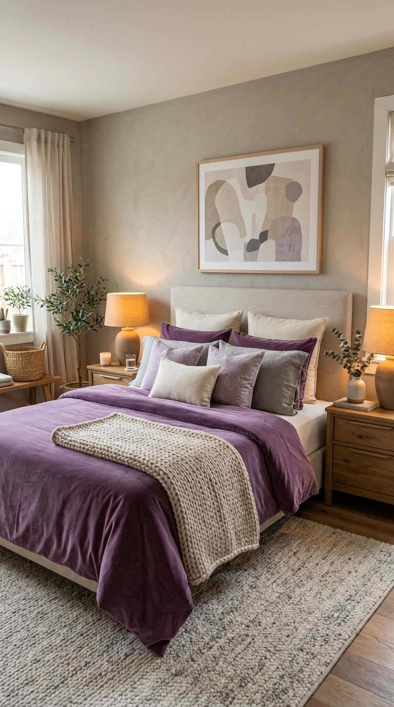 Amethyst purple bedding on neutral bedroom walls with cozy layered pillows and warm wood accents