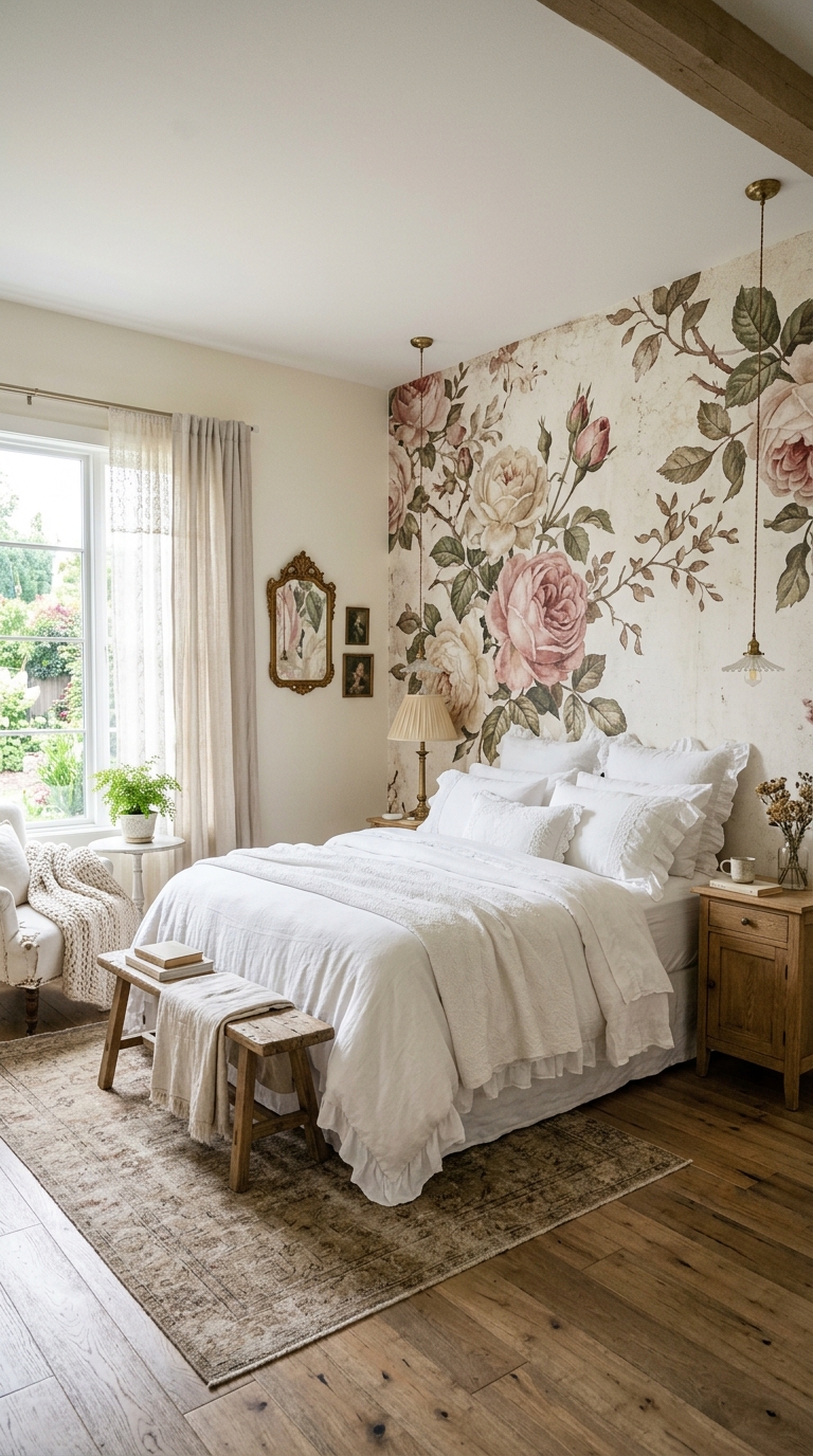 Large-scale antique rose mural wallpaper as a statement headboard wall in a dreamy shabby chic bedroom