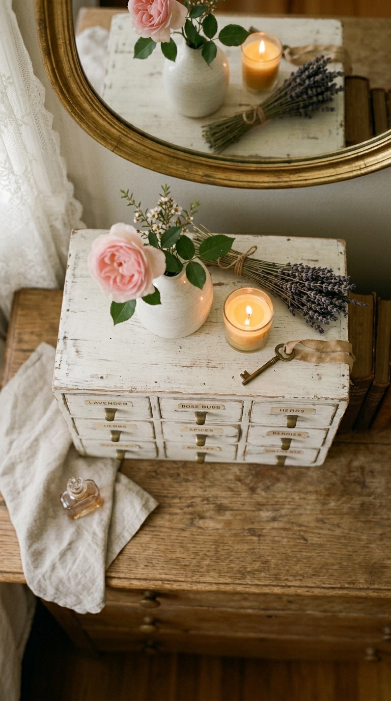 White apothecary chest with brass drawer pulls used for small item storage in a shabby chic bedroom styled with a tiny ceramic vase and dried flowers