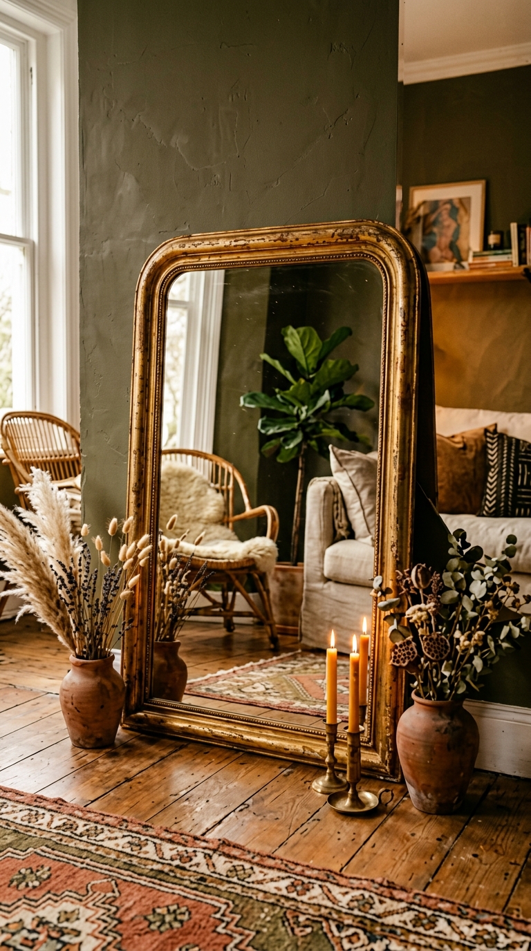 Arched antique gold mirror leaning against dark olive wall in moody boho living room