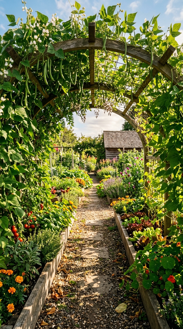 Arched tunnel centerpiece in a potager garden layout