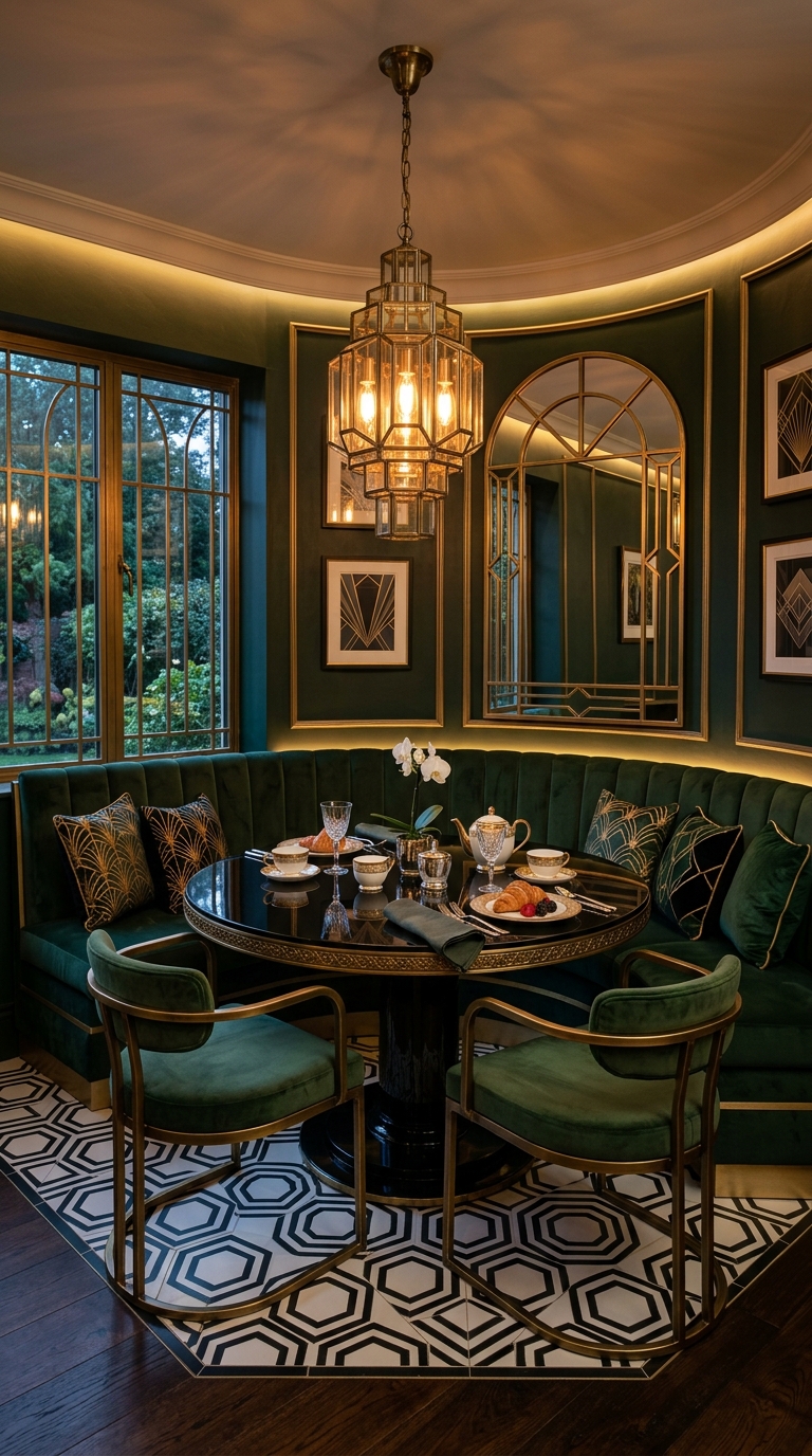 Art Deco breakfast nook with geometric tile, black table and forest green velvet bench seating