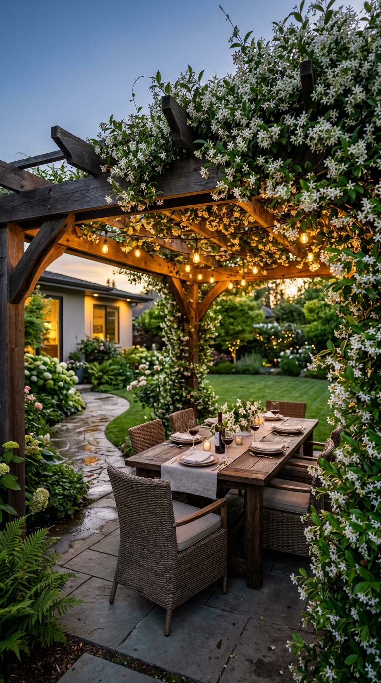 Jasmine-covered cottage garden pergola with string lights glowing at evening