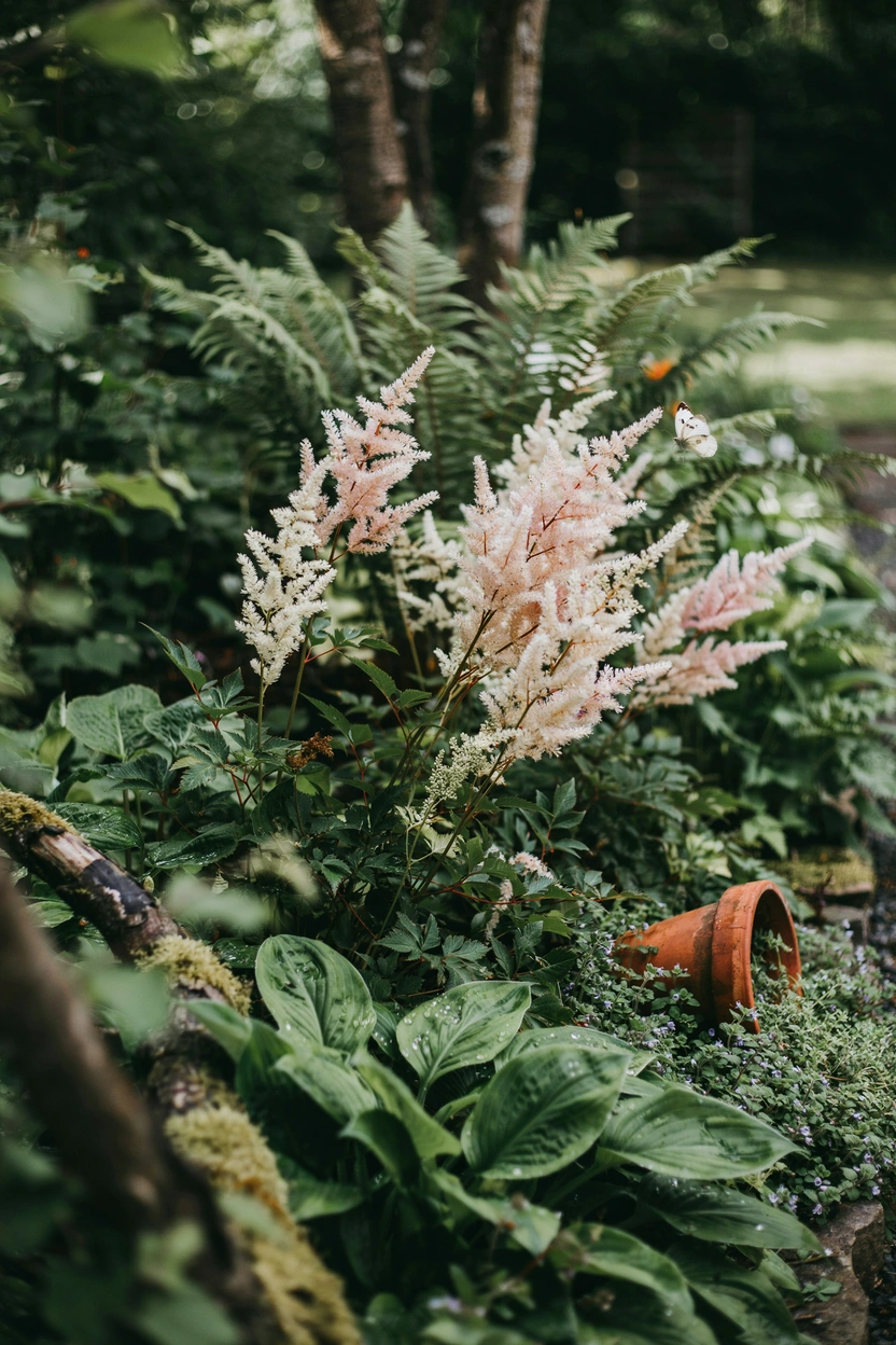 Pink astilbe perennial flowers in a shaded cottage garden border with hostas and ferns